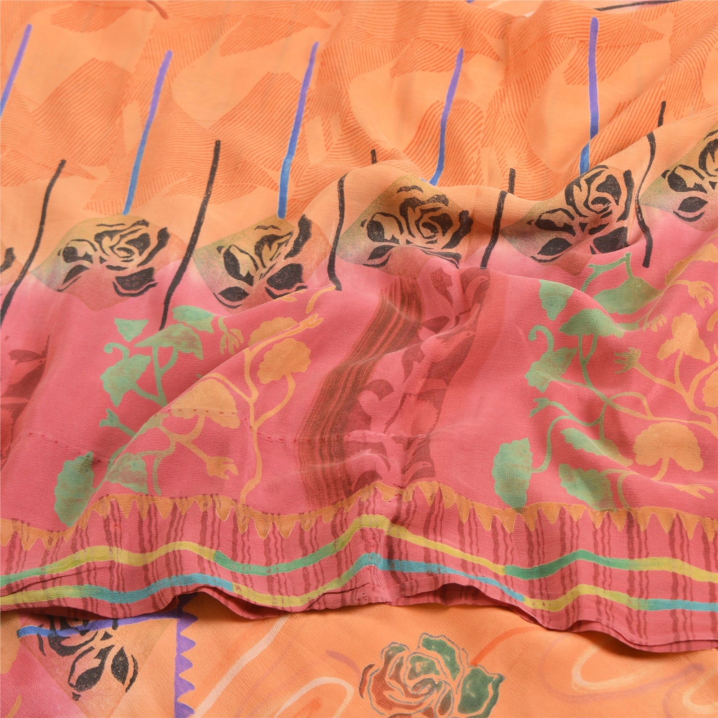 Sanskriti Vintage Sarees Fersken/Pink Ren Crepe Silke Trykt Sari Håndværk Bæredygtigt Stoff