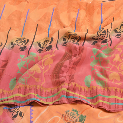 Sanskriti Vintage Sarees Fersken/Pink Ren Crepe Silke Trykt Sari Håndværk Bæredygtigt Stoff