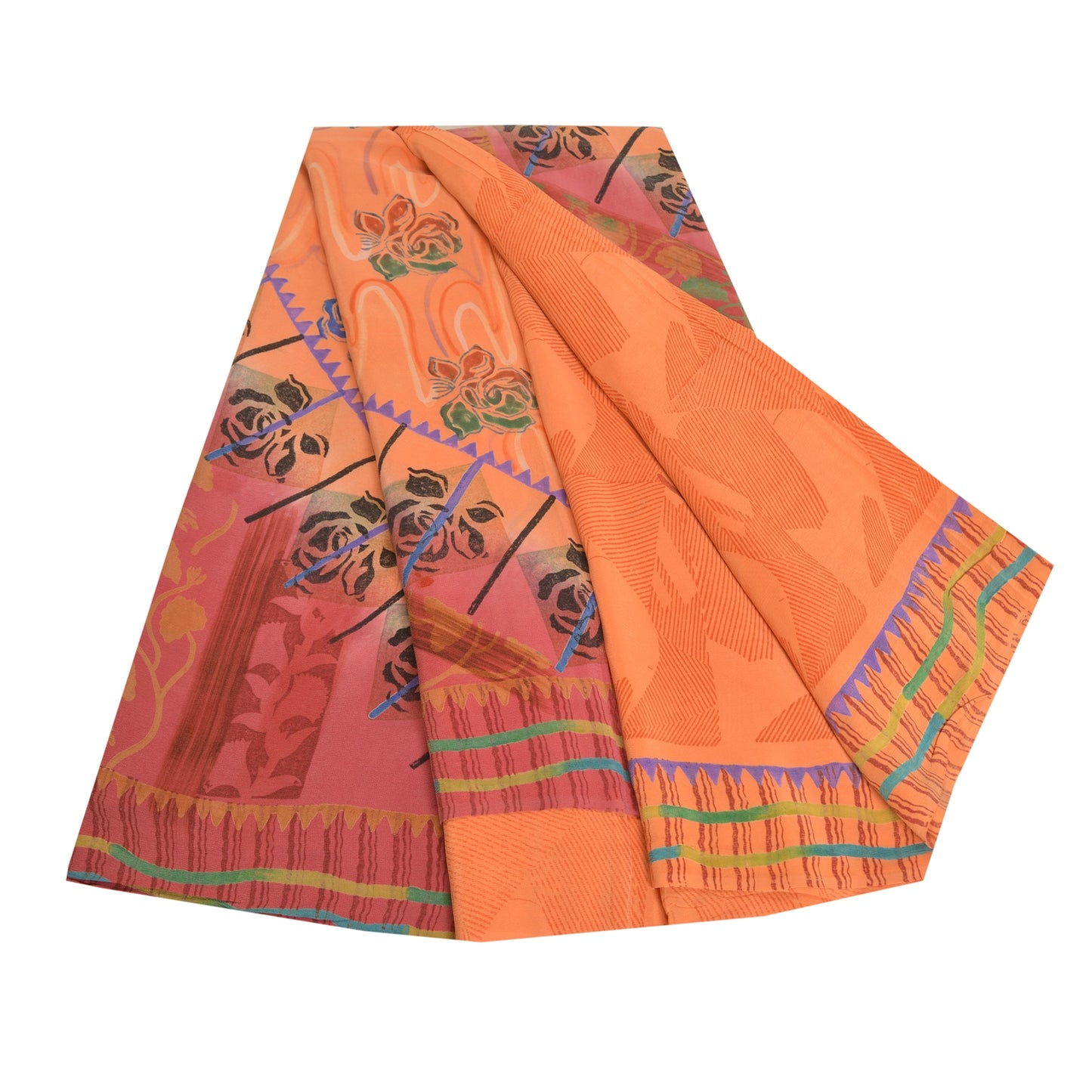 Sanskriti Vintage Sarees Fersken/Pink Ren Crepe Silke Trykt Sari Håndværk Bæredygtigt Stoff