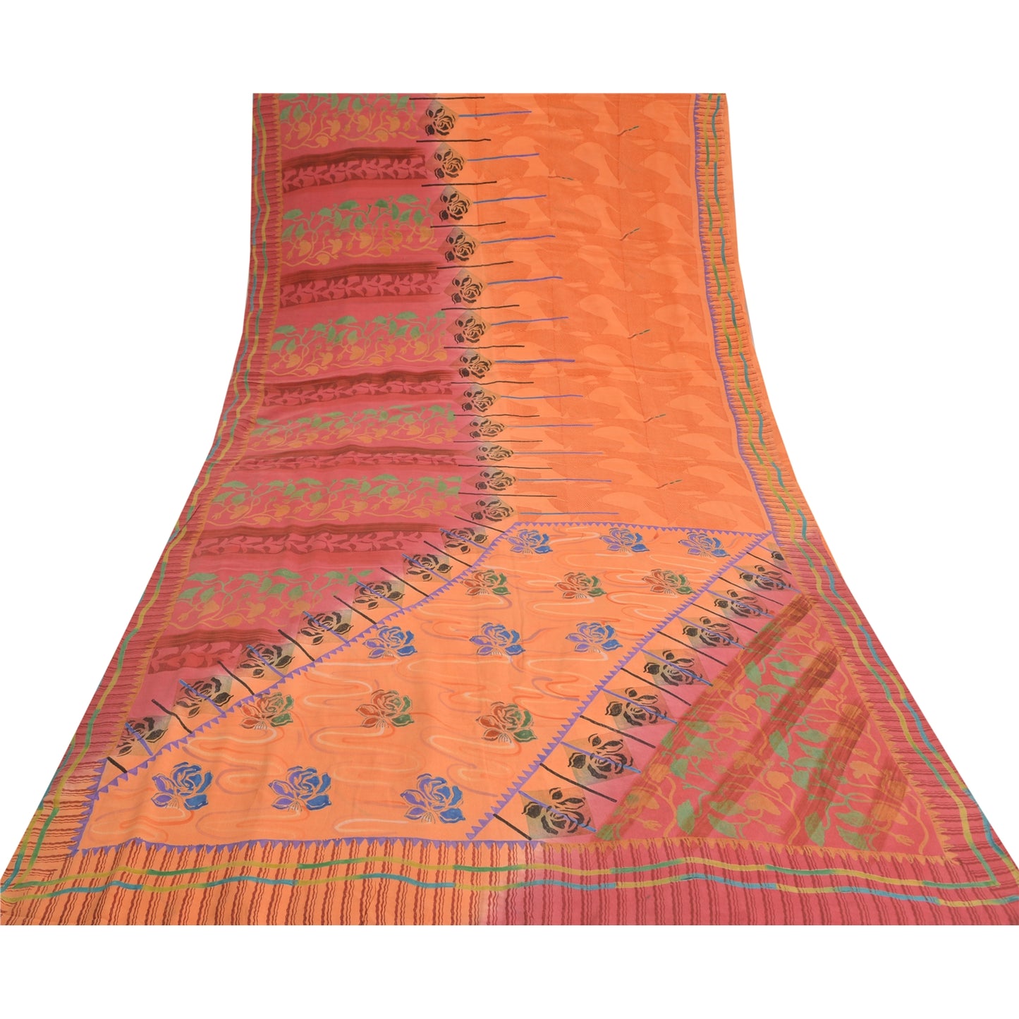 Sanskriti Vintage Sarees Fersken/Pink Ren Crepe Silke Trykt Sari Håndværk Bæredygtigt Stoff