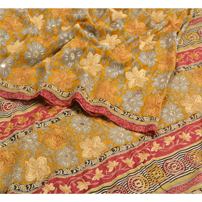 Sanskriti Vintage Sarees Saffron Embroidered Pure Crepe Silk Print Sari Sustainable Fabric