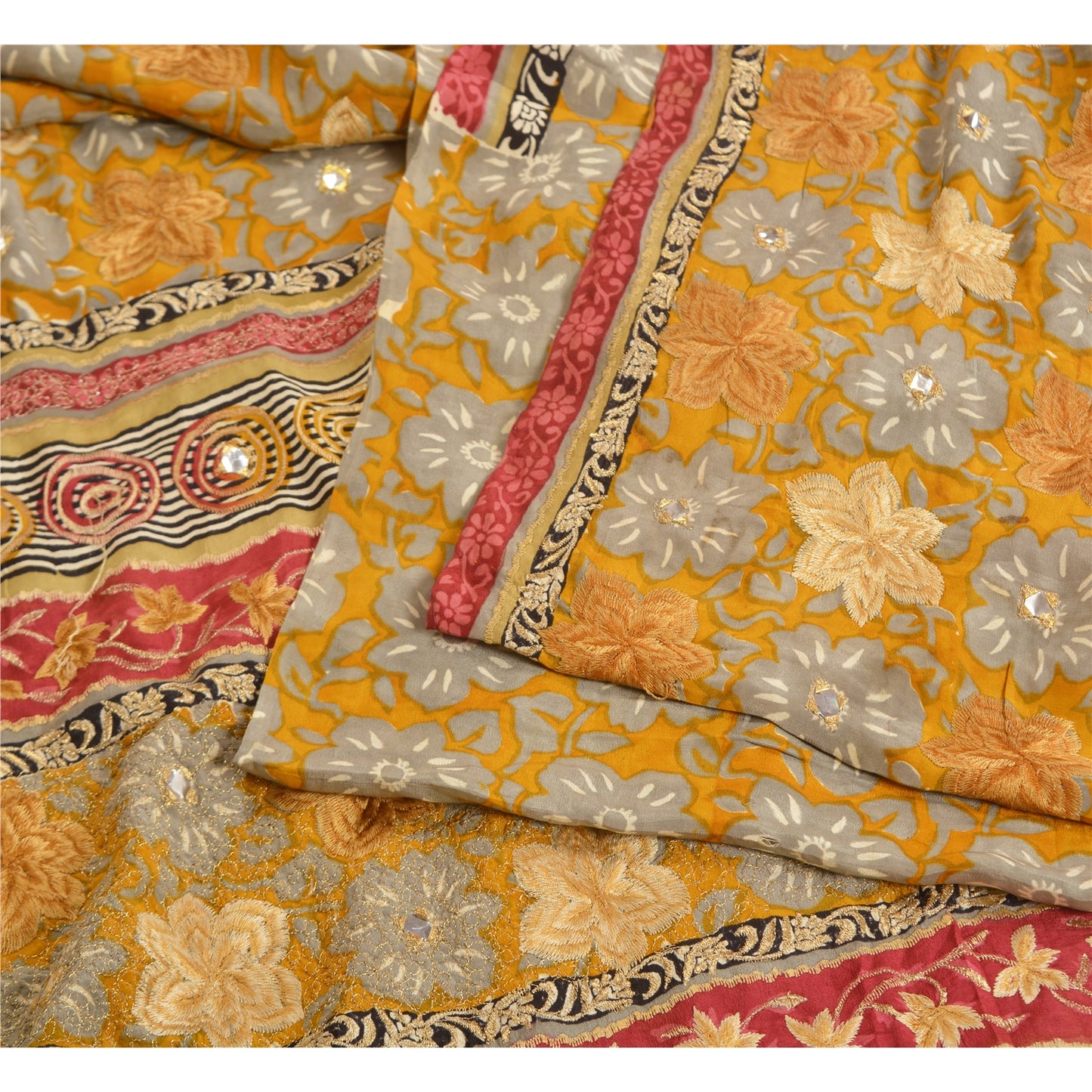 Sanskriti Vintage Sarees Saffron Embroidered Pure Crepe Silk Print Sari Sustainable Fabric