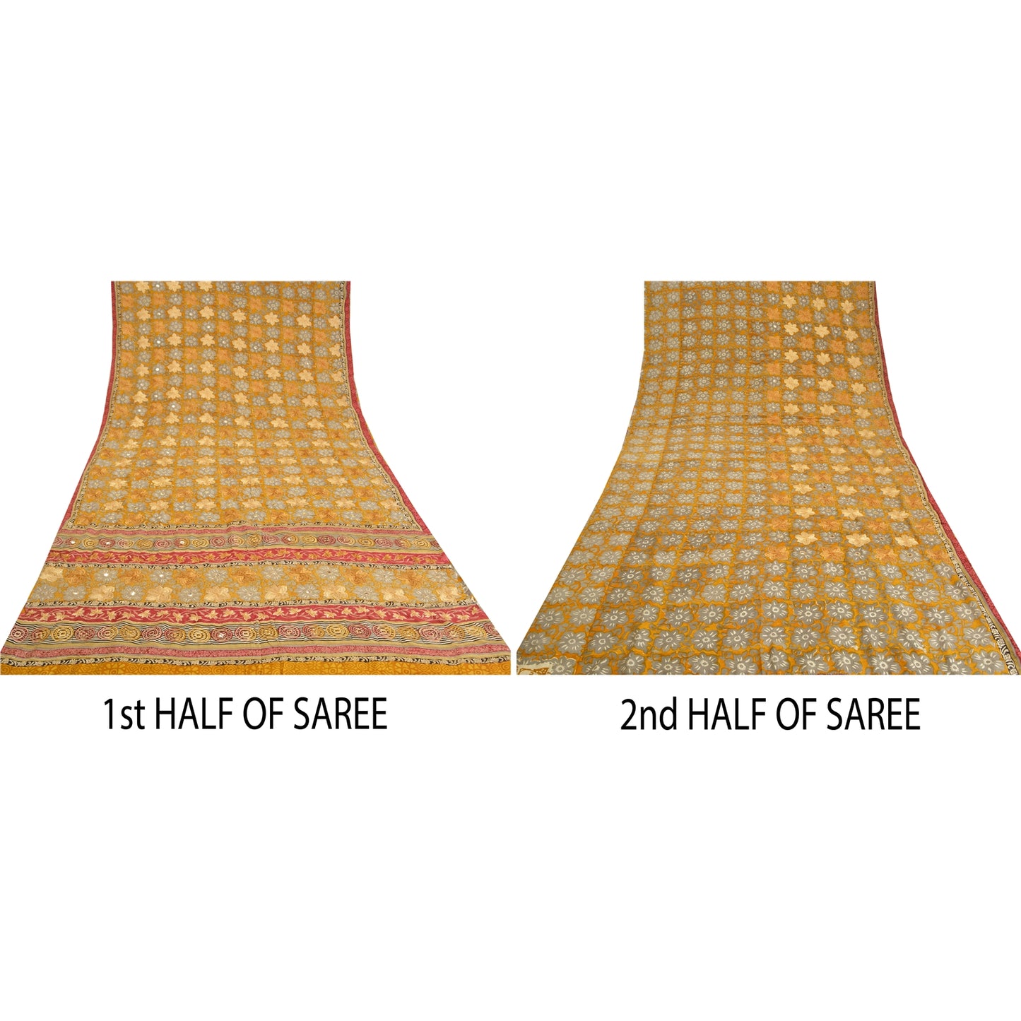 Sanskriti Vintage Sarees Saffron Embroidered Pure Crepe Silk Print Sari Sustainable Fabric