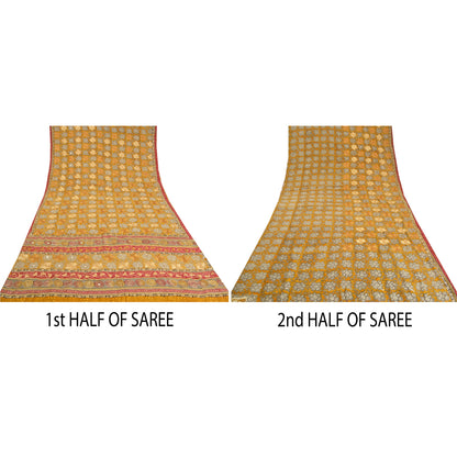 Sanskriti Vintage Sarees Saffron Embroidered Pure Crepe Silk Print Sari Sustainable Fabric