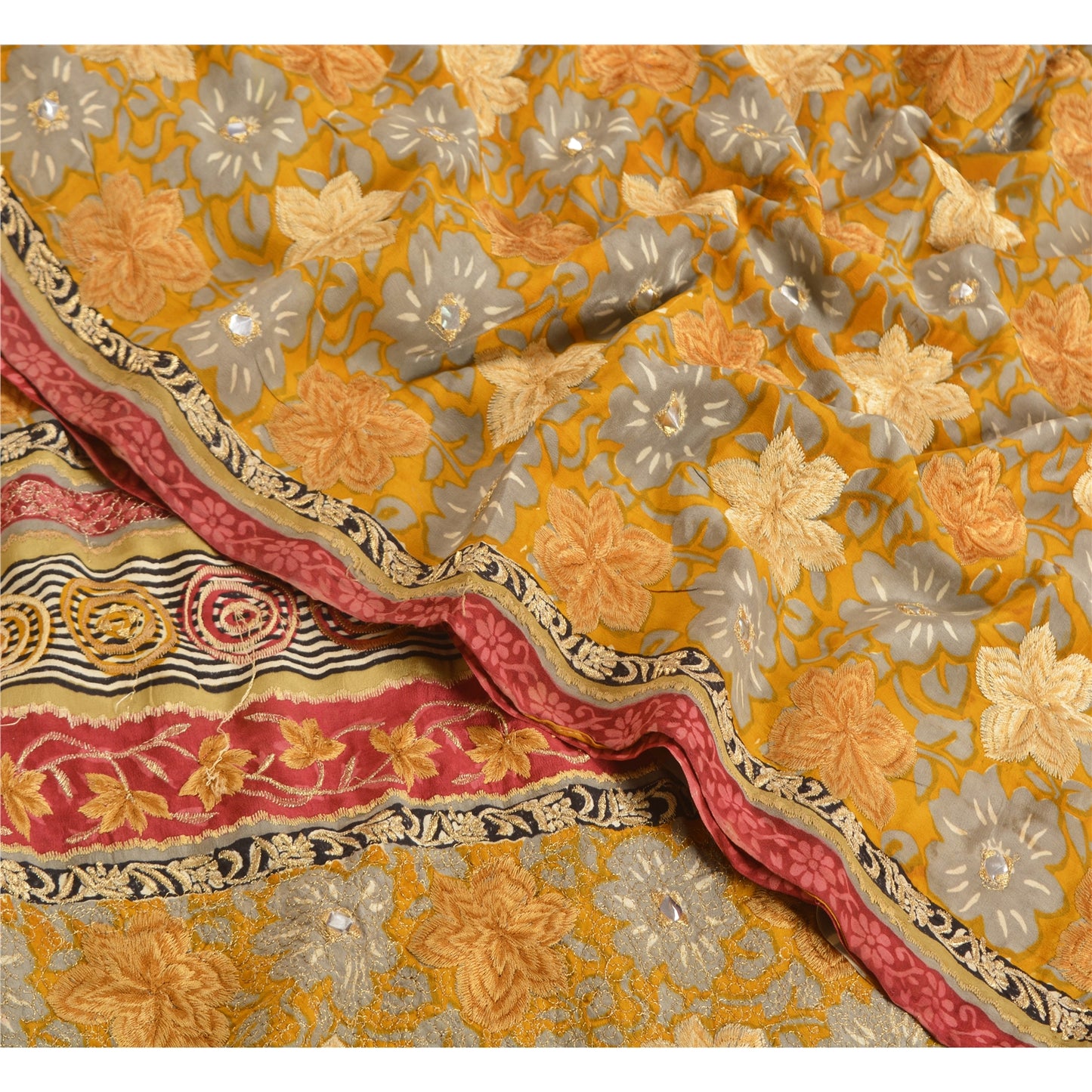 Sanskriti Vintage Sarees Saffron Embroidered Pure Crepe Silk Print Sari Sustainable Fabric
