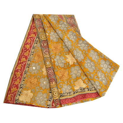 Sanskriti Vintage Sarees Saffron Embroidered Pure Crepe Silk Print Sari Sustainable Fabric