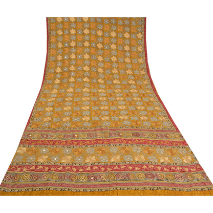 Sanskriti Vintage Sarees Saffron Embroidered Pure Crepe Silk Print Sari Sustainable Fabric