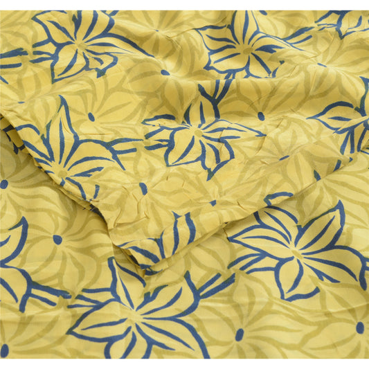 Sanskriti Vintage Sarees Indian Lemon Pure Crepe Silk Printed Sari Craft Sustainable Fabric