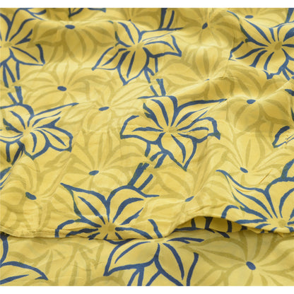 Sanskriti Vintage Sarees Indian Lemon Pure Crepe Silk Printed Sari Craft Sustainable Fabric
