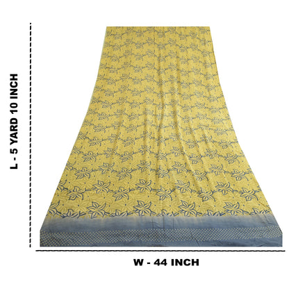 Sanskriti Vintage Sarees Indian Lemon Pure Crepe Silk Printed Sari Craft Sustainable Fabric