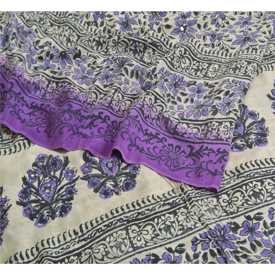 Sanskriti Vintage Sarees Ivory/Purple Hand Block Printed Pure Crepe Sari Fabric