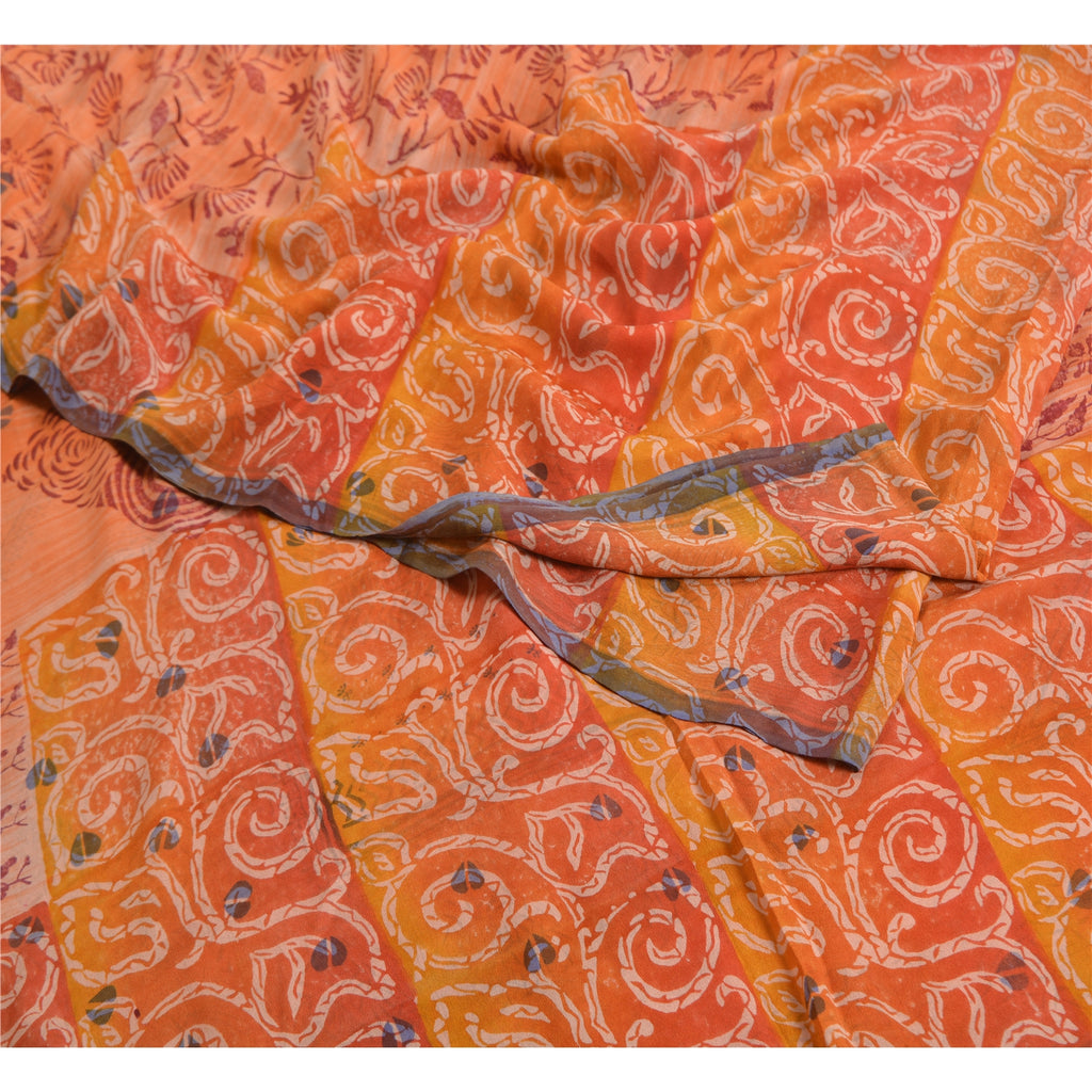 Sanskriti Vintage Sarees Indian Orange Pure Crepe Silk Printed Sari Craft Sustainable Fabric