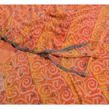 Sanskriti Vintage Sarees Indian Orange Pure Crepe Silk Printed Sari Craft Sustainable Fabric