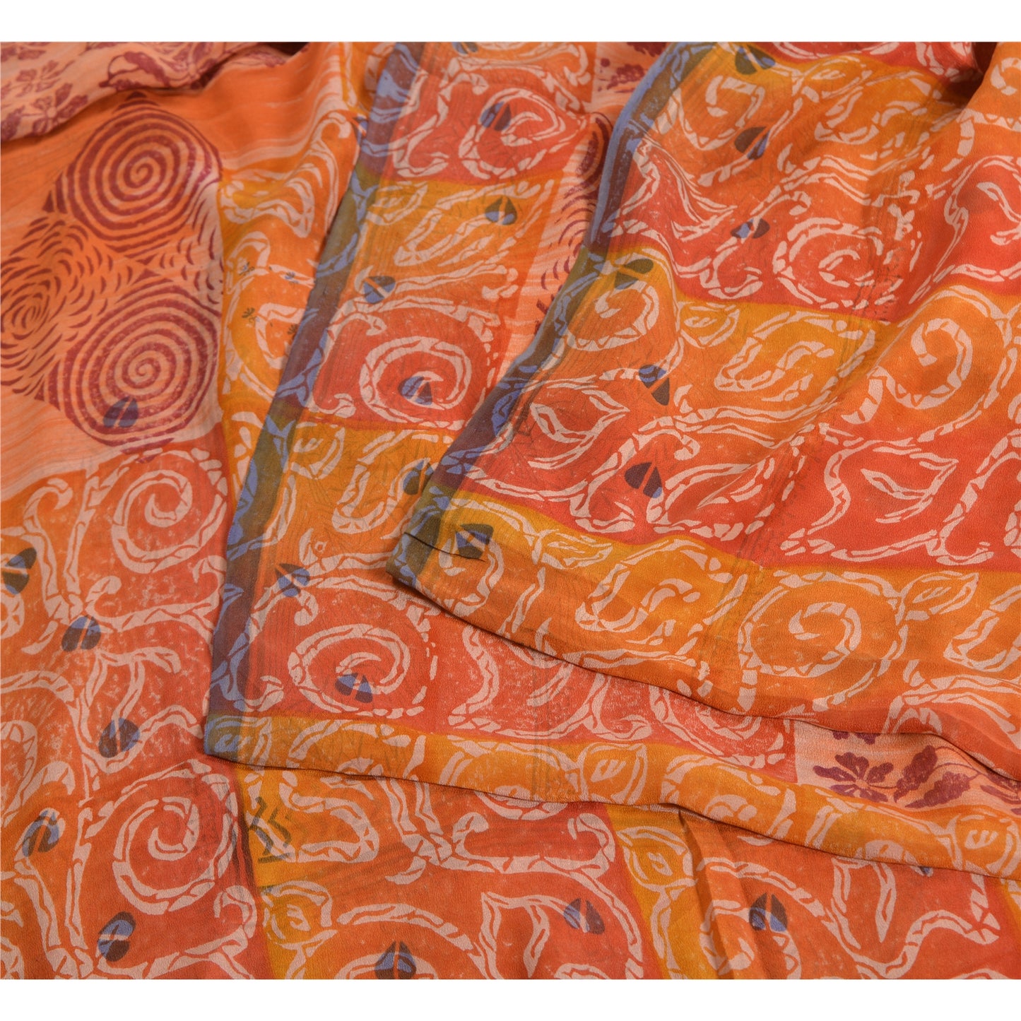 Sanskriti Vintage Sarees Indian Orange Pure Crepe Silk Printed Sari Craft Sustainable Fabric
