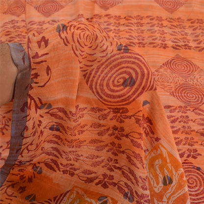 Sanskriti Vintage Sarees Indian Orange Pure Crepe Silk Printed Sari Craft Sustainable Fabric