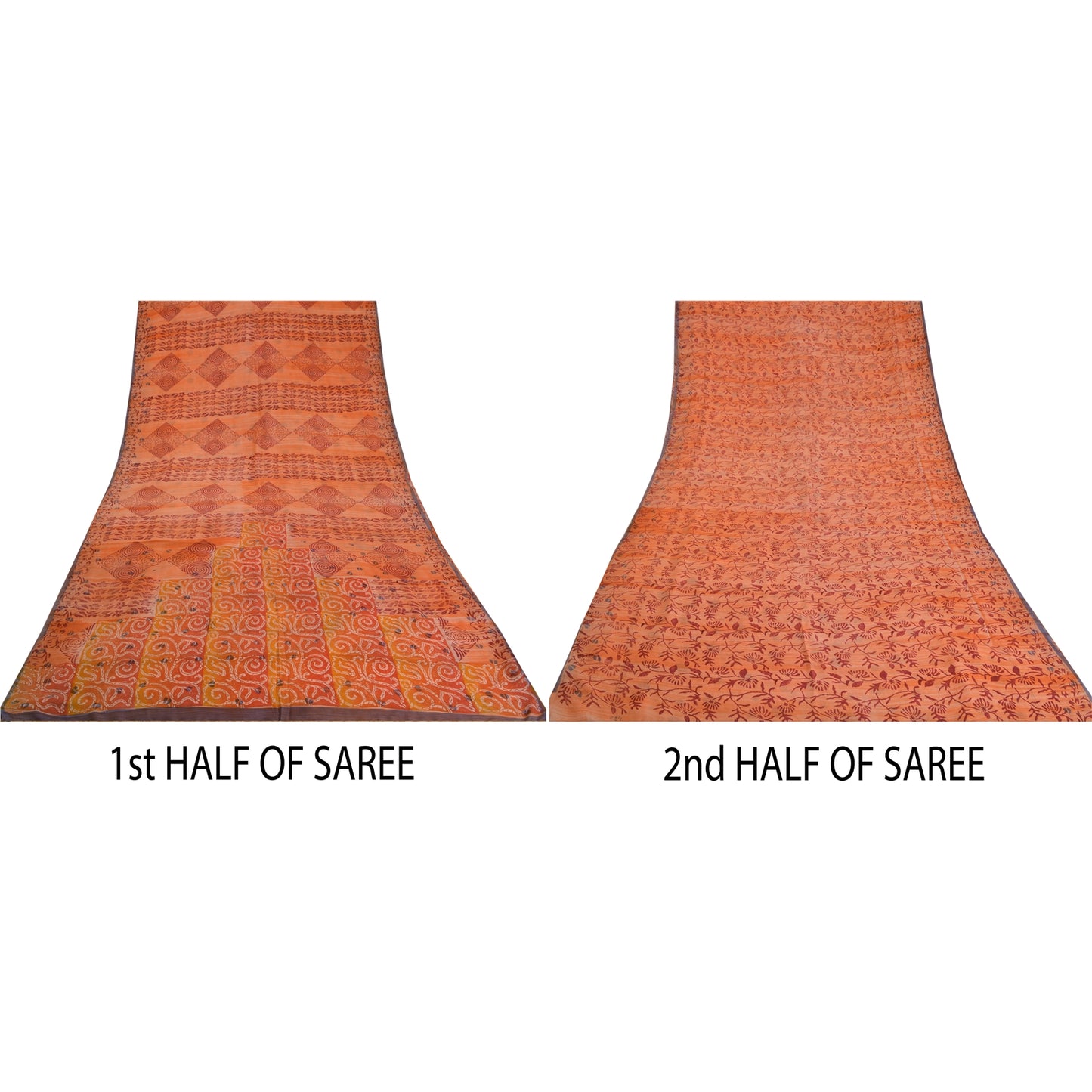 Sanskriti Vintage Sarees Indian Orange Pure Crepe Silk Printed Sari Craft Sustainable Fabric