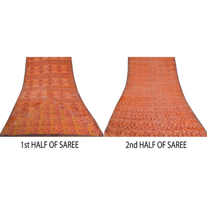 Sanskriti Vintage Sarees Indian Orange Pure Crepe Silk Printed Sari Craft Sustainable Fabric