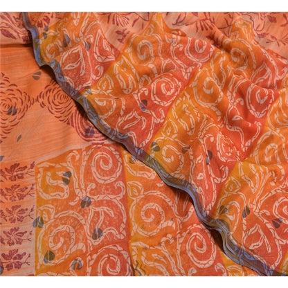 Sanskriti Vintage Sarees Indian Orange Pure Crepe Silk Printed Sari Craft Sustainable Fabric