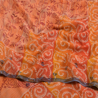 Sanskriti Vintage Sarees Indian Orange Pure Crepe Silk Printed Sari Craft Sustainable Fabric