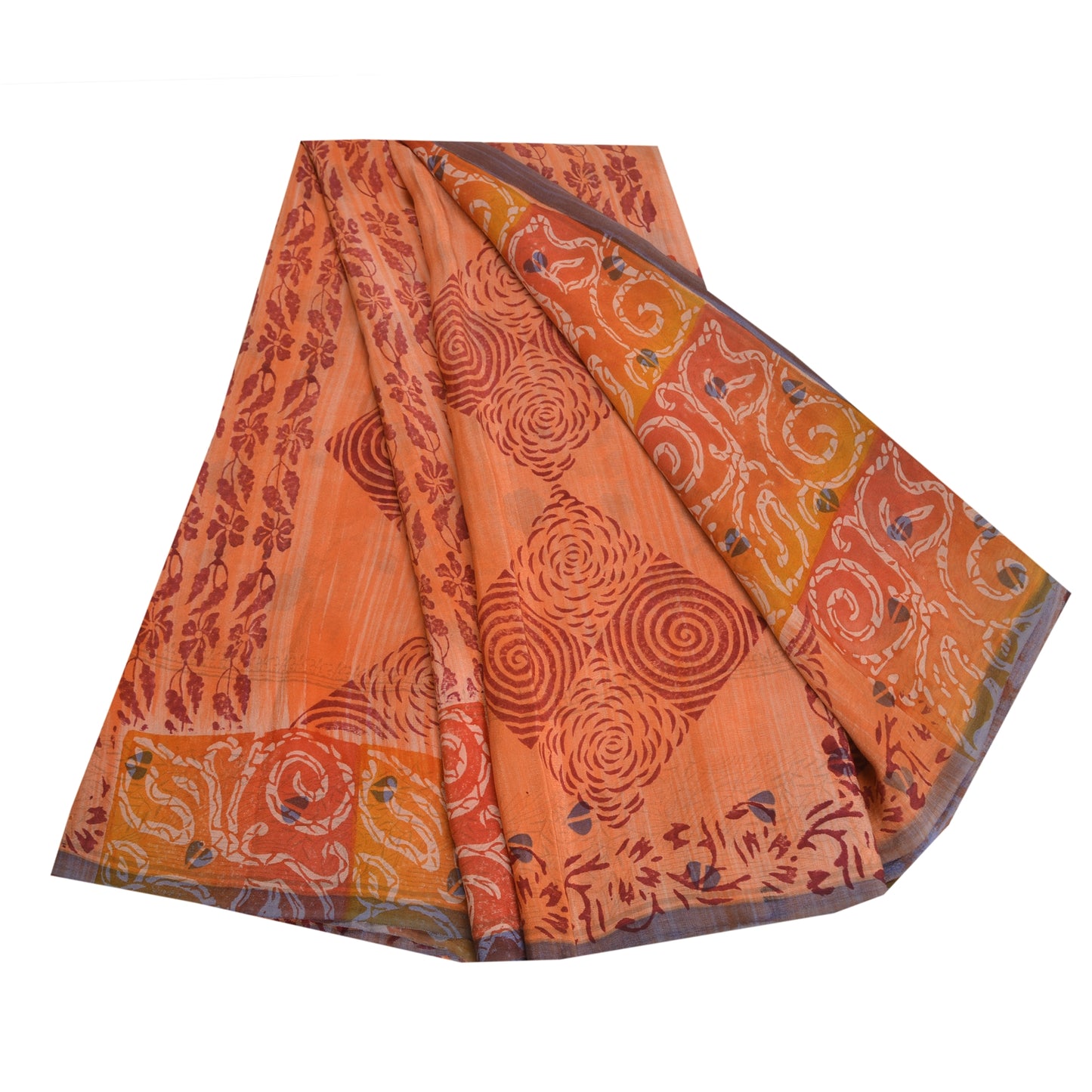 Sanskriti Vintage Sarees Indian Orange Pure Crepe Silk Printed Sari Craft Sustainable Fabric