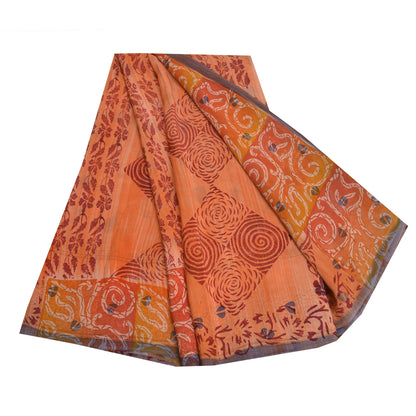 Sanskriti Vintage Sarees Indian Orange Pure Crepe Silk Printed Sari Craft Sustainable Fabric