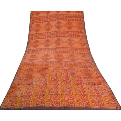 Sanskriti Vintage Sarees Indian Orange Pure Crepe Silk Printed Sari Craft Sustainable Fabric