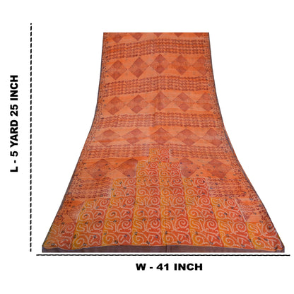 Sanskriti Vintage Sarees Indian Orange Pure Crepe Silk Printed Sari Craft Sustainable Fabric