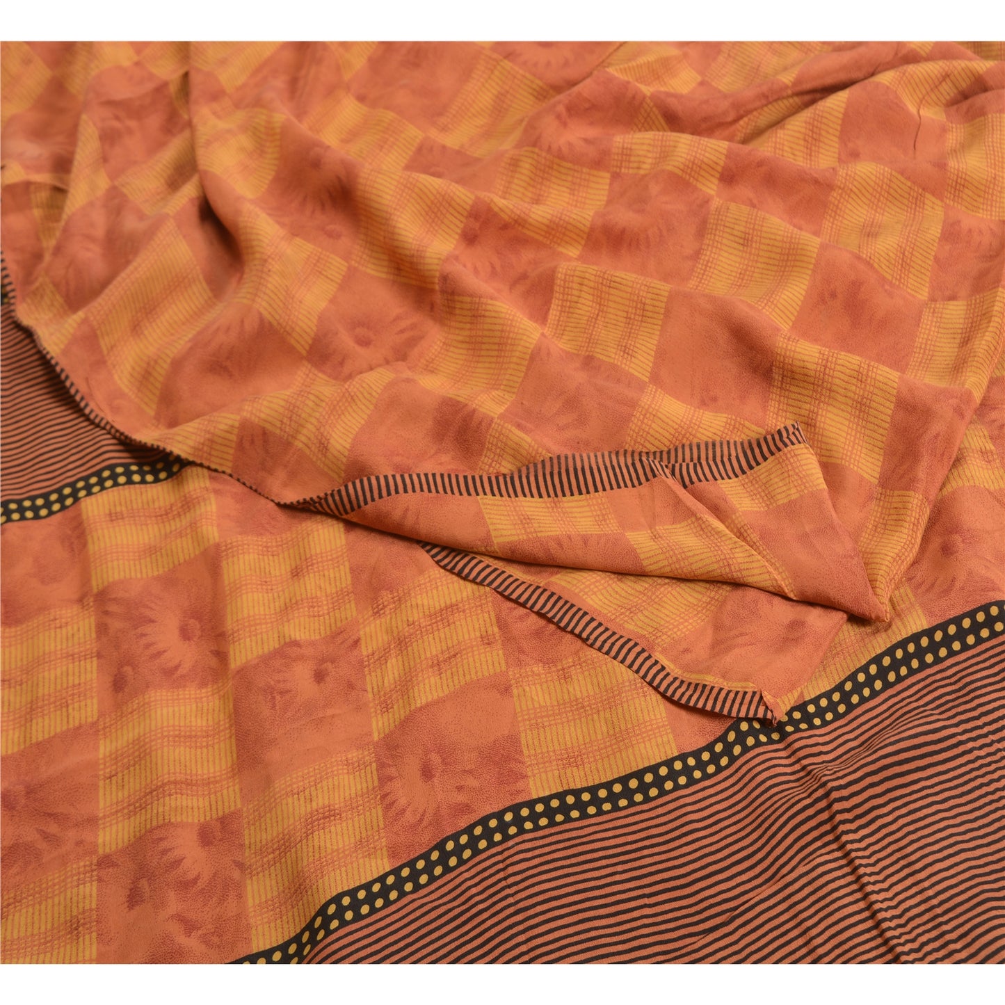 Sanskriti Vintage Sarees Orange/Yellow Pure Crepe Silk Printed Sari Craft Sustainable Fabric