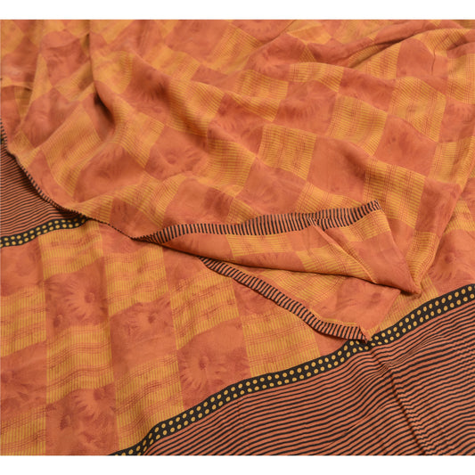 Sanskriti Vintage Sarees Orange/Yellow Pure Crepe Silk Printed Sari Craft Sustainable Fabric