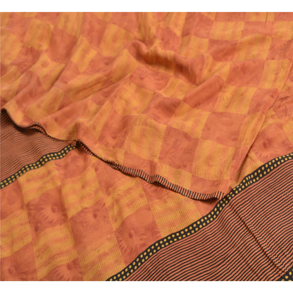 Sanskriti Vintage Sarees Orange/Yellow Pure Crepe Silk Printed Sari Craft Sustainable Fabric
