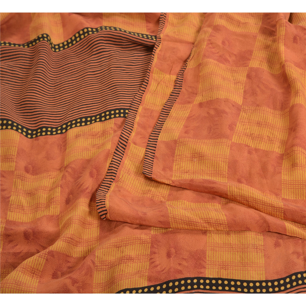 Sanskriti Vintage Sarees Orange/Yellow Pure Crepe Silk Printed Sari Craft Sustainable Fabric