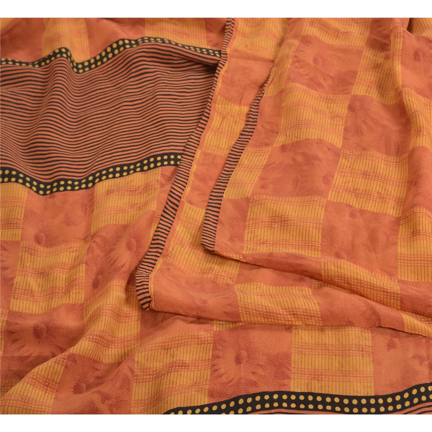 Sanskriti Vintage Sarees Orange/Yellow Pure Crepe Silk Printed Sari Craft Sustainable Fabric