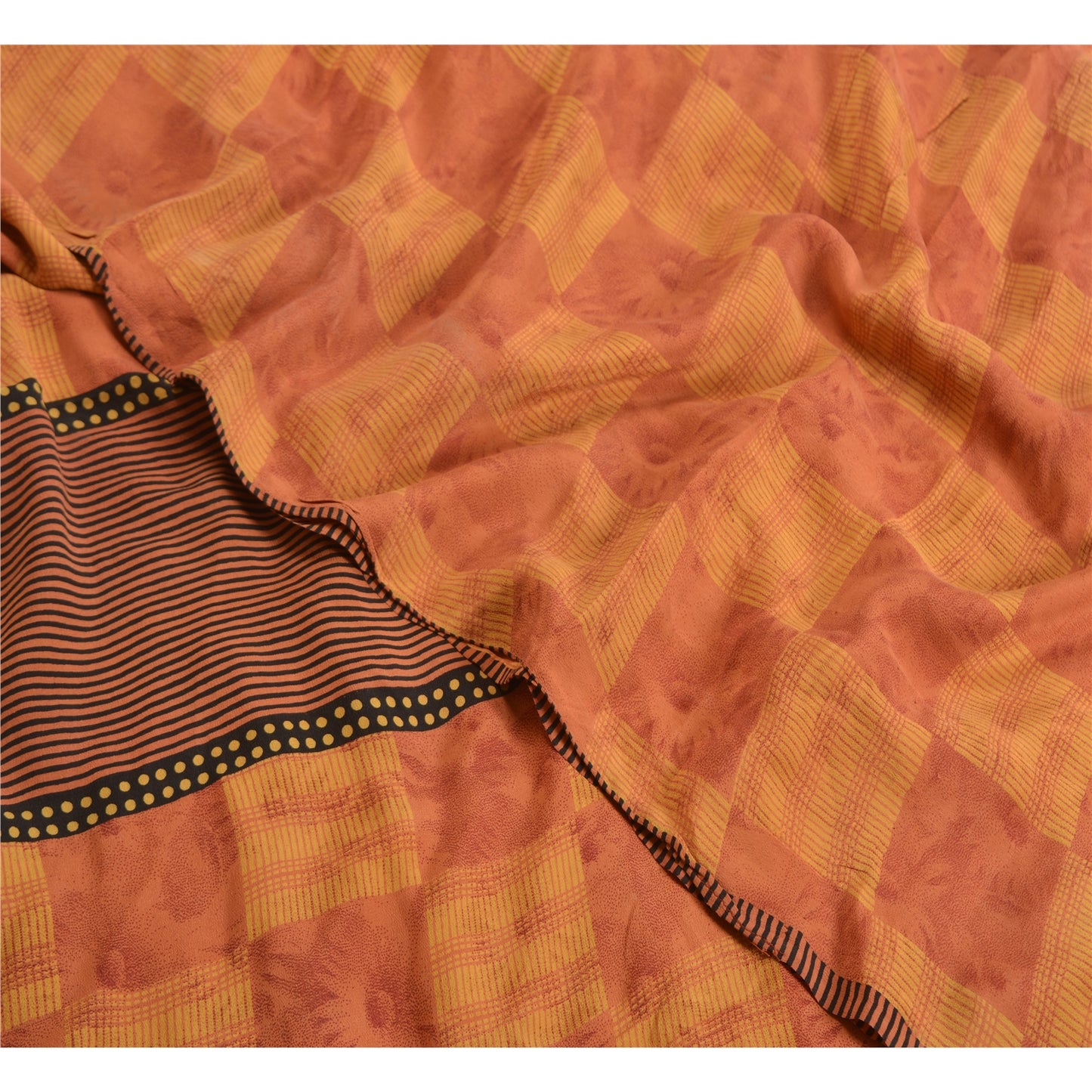 Sanskriti Vintage Sarees Orange/Yellow Pure Crepe Silk Printed Sari Craft Sustainable Fabric