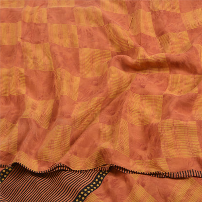 Sanskriti Vintage Sarees Orange/Yellow Pure Crepe Silk Printed Sari Craft Sustainable Fabric