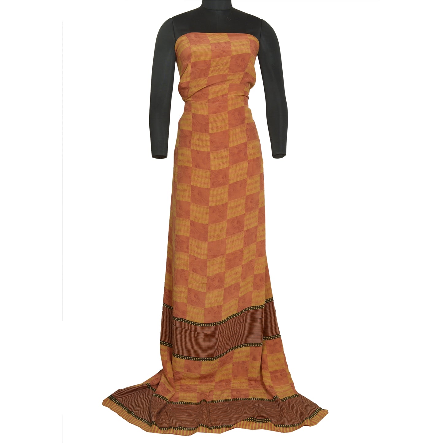 Sanskriti Vintage Sarees Orange/Yellow Pure Crepe Silk Printed Sari Craft Sustainable Fabric