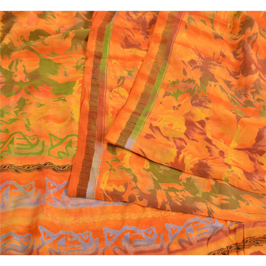 Сари Санскрити Винтаж Оранжевый Чистый Креп Шелк Напечатанный Декор Сари Ремесло Экологичная Ткань