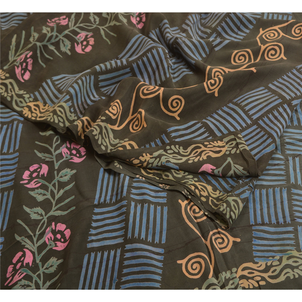 Sanskriti Vintage Sarees Indian Black Pure Crepe Silk Printed Sari Craft Fabric