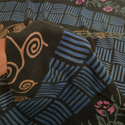 Sanskriti Vintage Sarees Indian Black Pure Crepe Silk Printed Sari Craft Sustainable Fabric