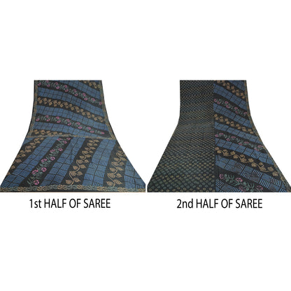 Sanskriti Vintage Sarees Indian Black Pure Crepe Silk Printed Sari Craft Sustainable Fabric