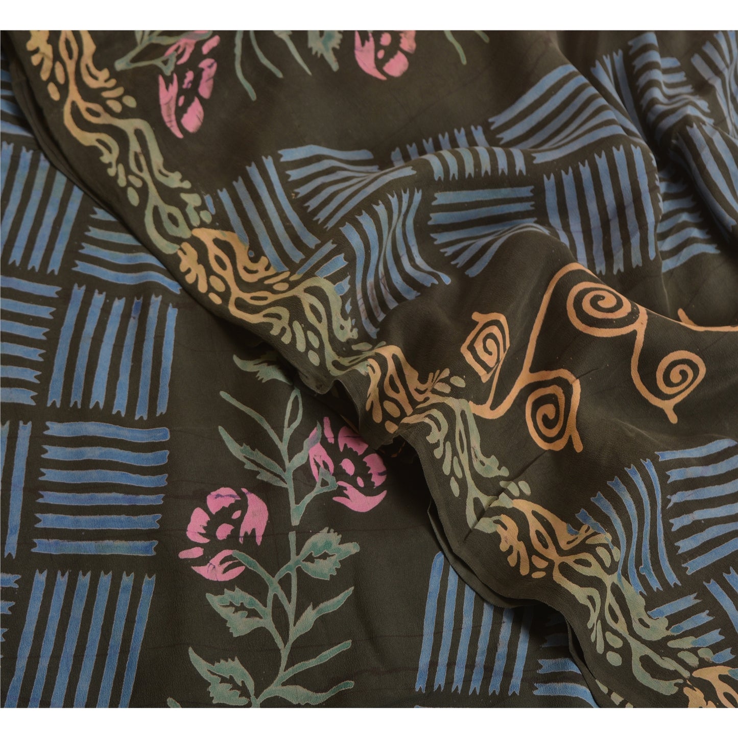 Sanskriti Vintage Sarees Indian Black Pure Crepe Silk Printed Sari Craft Sustainable Fabric