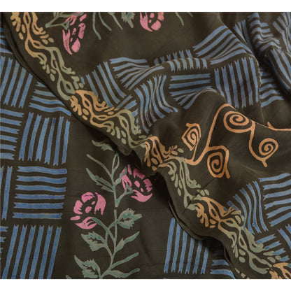 Sanskriti Vintage Sarees Indian Black Pure Crepe Silk Printed Sari Craft Sustainable Fabric