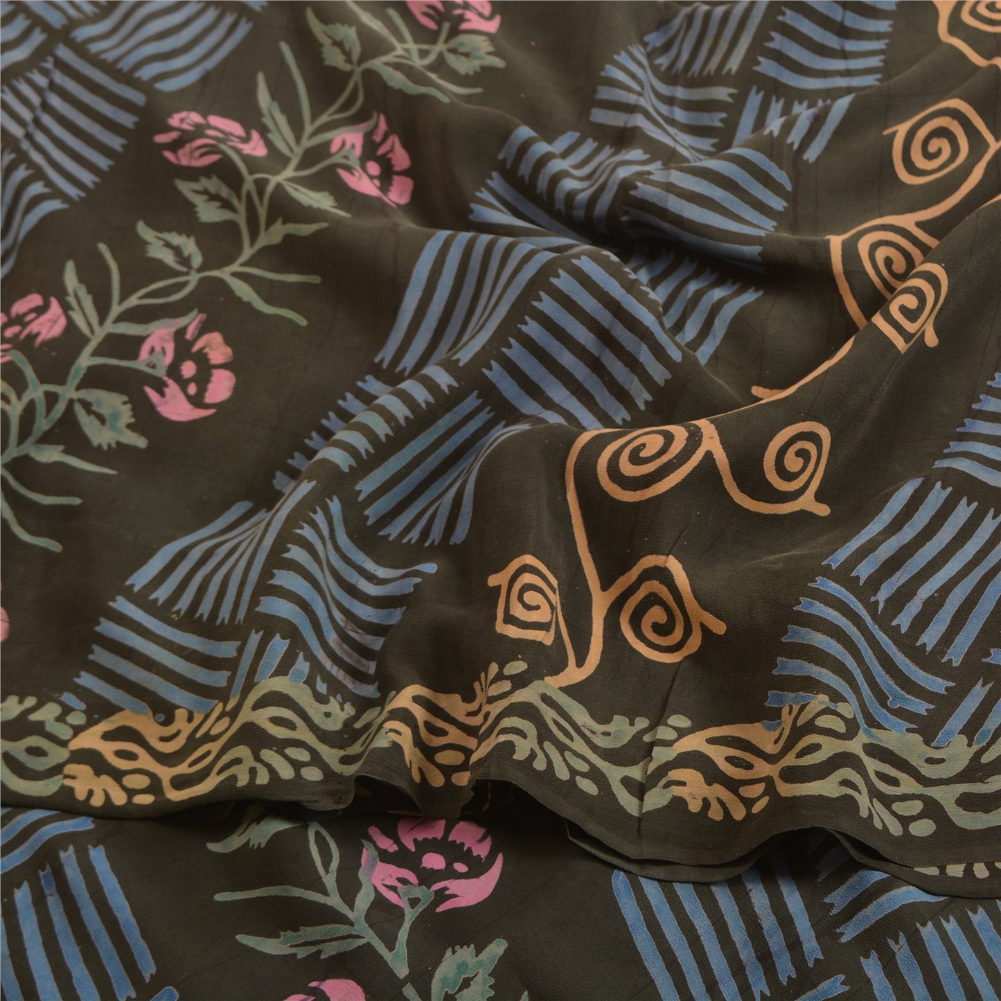 Sanskriti Vintage Sarees Indian Black Pure Crepe Silk Printed Sari Craft Sustainable Fabric