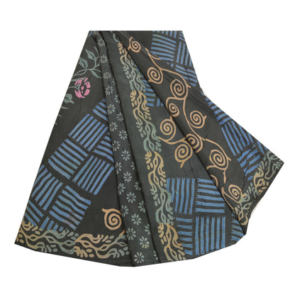 Sanskriti Vintage Sarees Indian Black Pure Crepe Silk Printed Sari Craft Sustainable Fabric