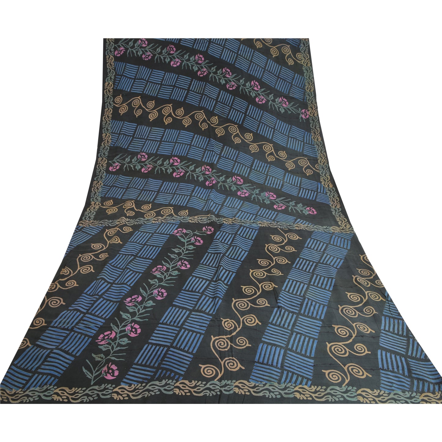 Sanskriti Vintage Sarees Indian Black Pure Crepe Silk Printed Sari Craft Sustainable Fabric