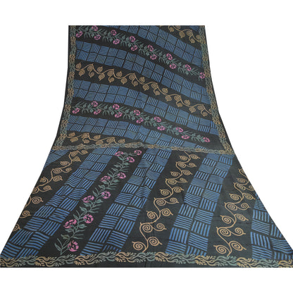 Sanskriti Vintage Sarees Indian Black Pure Crepe Silk Printed Sari Craft Sustainable Fabric