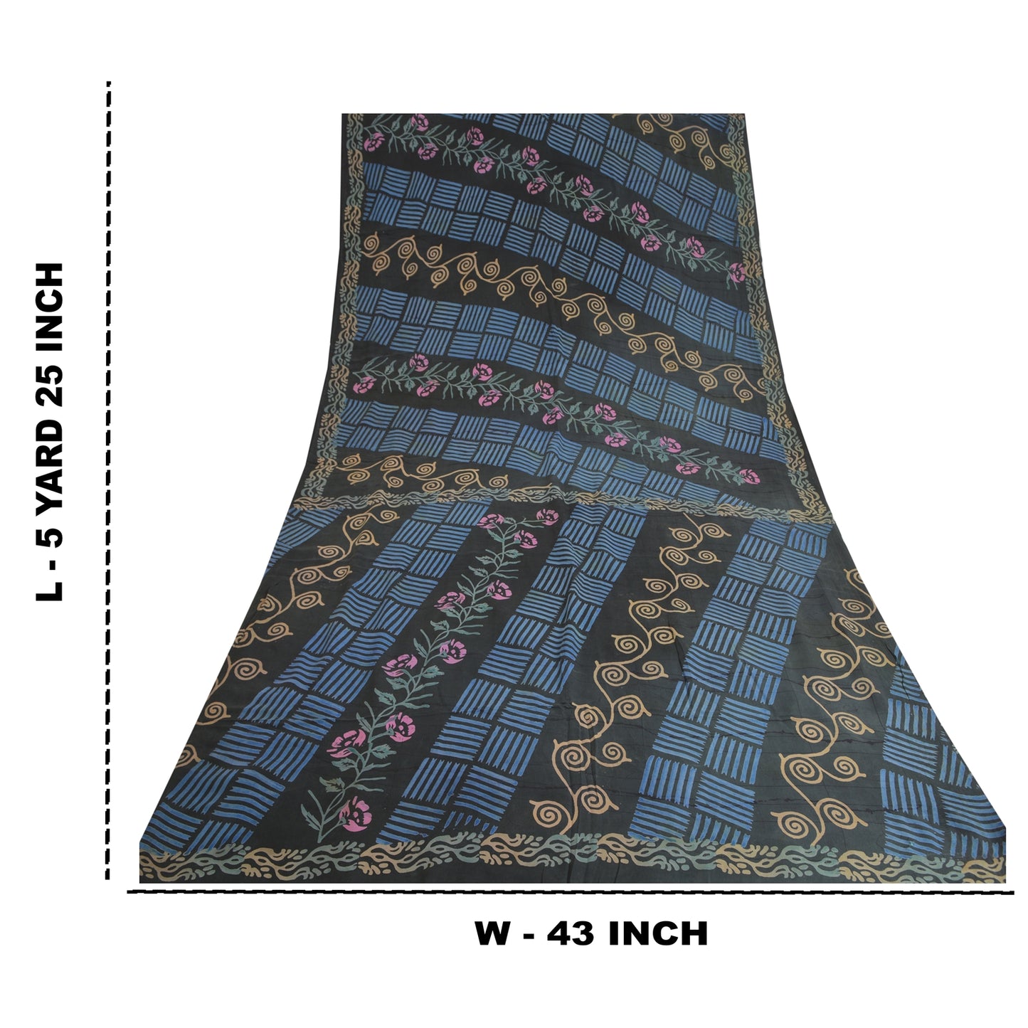 Sanskriti Vintage Sarees Indian Black Pure Crepe Silk Printed Sari Craft Sustainable Fabric