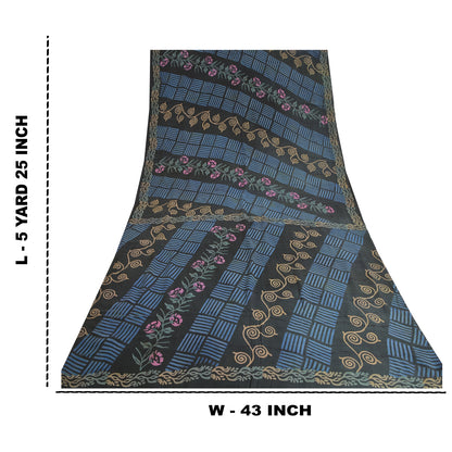 Sanskriti Vintage Sarees Indian Black Pure Crepe Silk Printed Sari Craft Sustainable Fabric