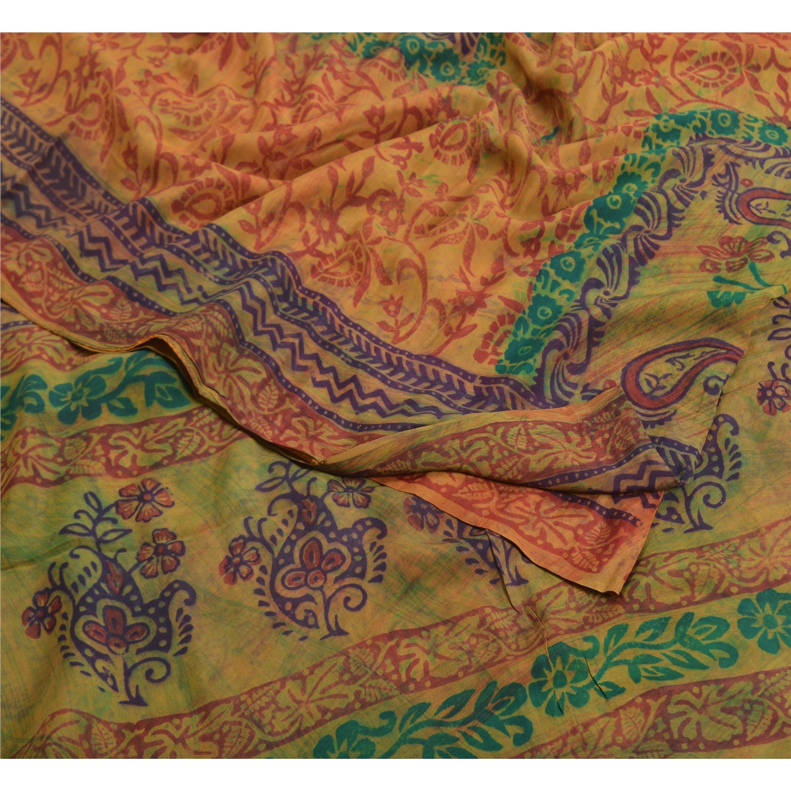 Sanskriti Vintage Sarees Mustard Hand Block Printed Pure Crepe Silk Sari Sustainable Fabric
