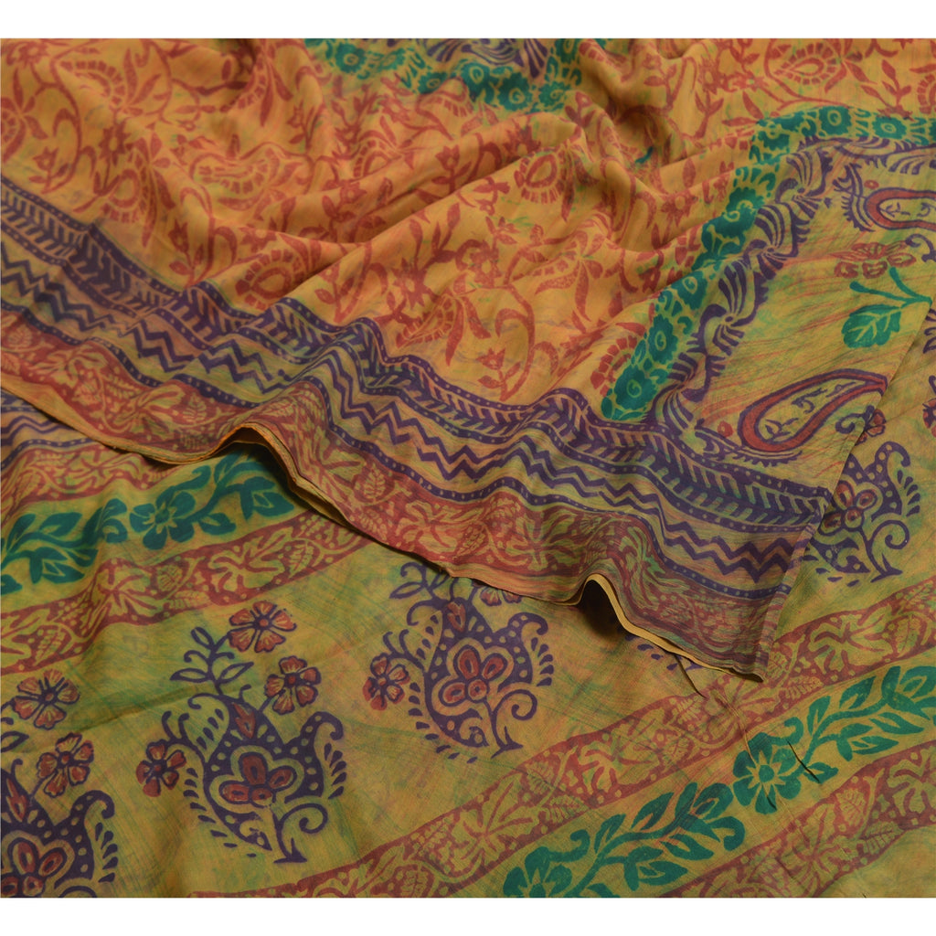 Sanskriti Vintage Sarees Mustard Hand Block Printed Pure Crepe Silk Sari Sustainable Fabric