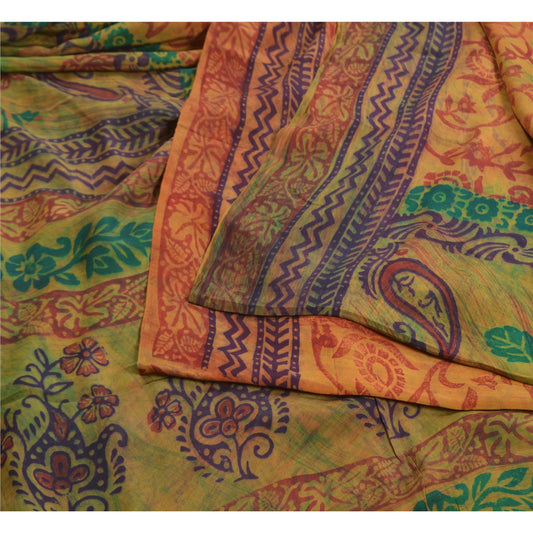Sanskriti Vintage Sarees Mustard Hand Block Printed Pure Crepe Silk Sari Sustainable Fabric